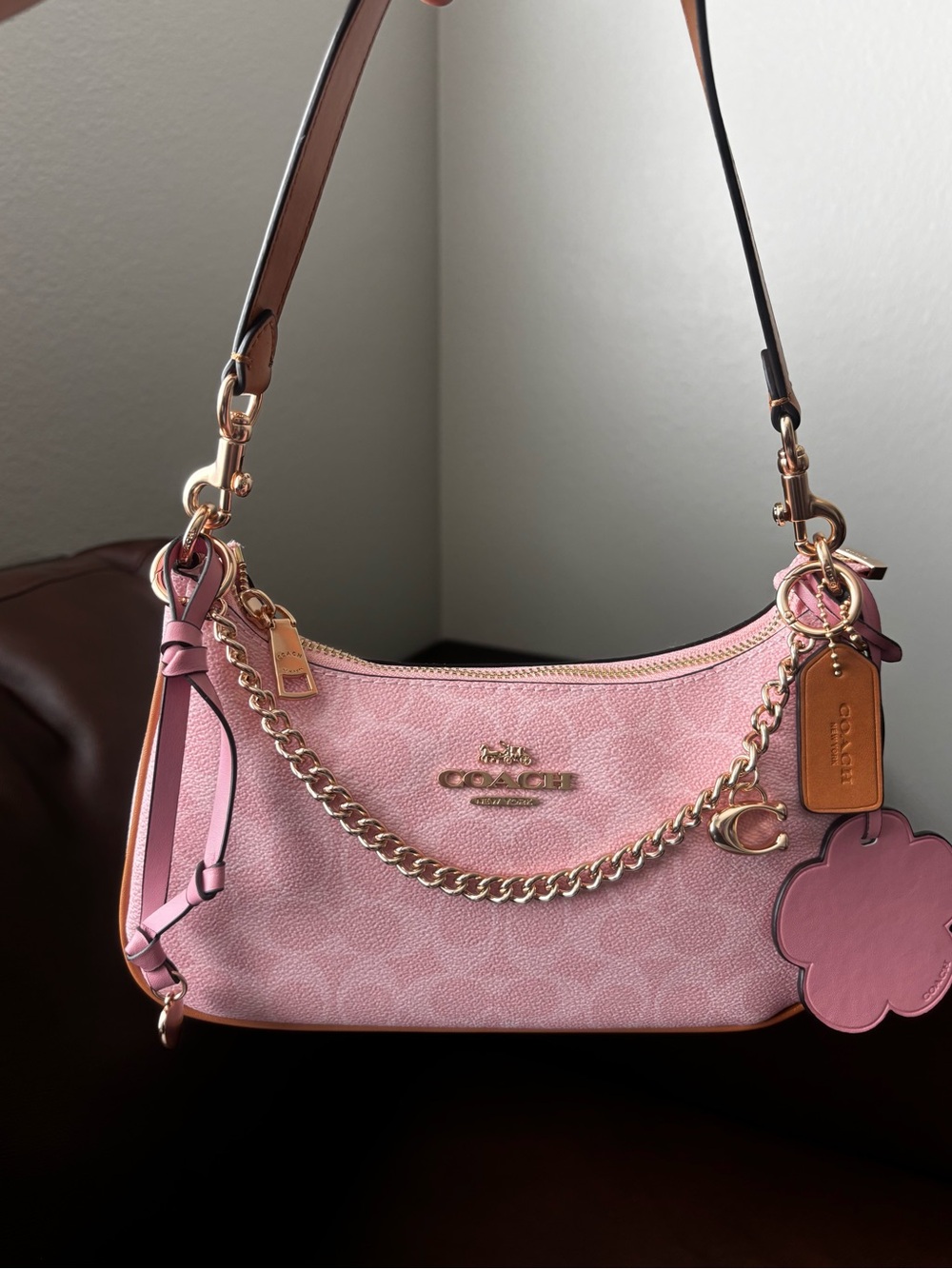 Coach Pink Charm Teri Signature Leather Shoulder Bag with Gold Chain